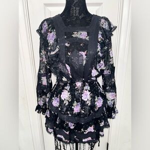 LoveShackFancy Medium Minetta Floral Long Sleeve Mini Dress in Black (Rare)
